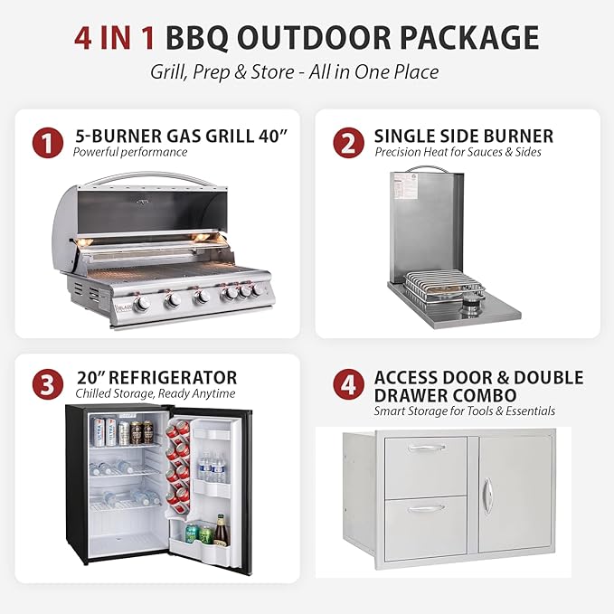 BLAZE BBQ Outdoor Package 9 of 40” LTE Built-in Natural Gas Grill, Single Side Burner, 32” Door & Two Drawers Combo, Compact Refrigerator, Grill Cover, Fridge Trim, Rotisserie Kit and Accessories
