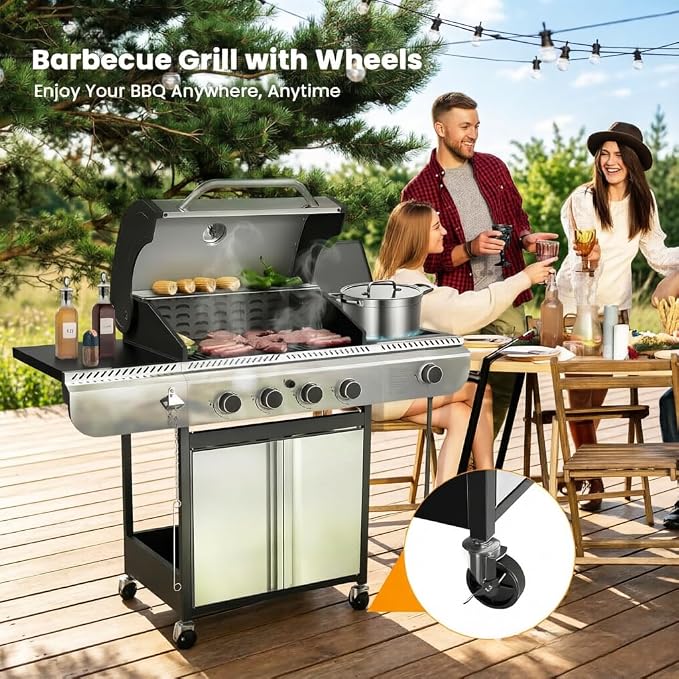 Electactic 4-Burner Gas Grill with Side Burner, Stainless Steel Propane Grill with Built-In Thermometer, 42000BTU BBQ Grill for Outdoor Cooking, Patio and Backyard Barbecues