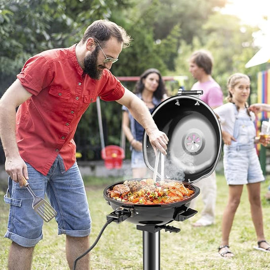 HAPPYGRILL Electric Grill Outdoor, 1600W Barbecue 15-Serving for Indoor & Outdoor Use, Portable Stand BBQ Grill for Cooking Patio Kitchen Garden (Black)