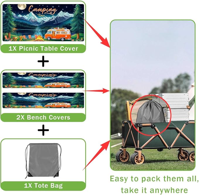 Picnic Table Cover with Bench Covers and Bag, Forest Mountain Lake Fitted Outdoor Table Covers, Camping Essentials, Windproof & Waterproof Tablecloth Cover with Elastic Edge, 3 PCS, 30x60 Inch