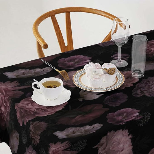 Vintage Florals Tablecloth, Gothic Summer Garden Peonies Flowers Rustic Roses Boho Botanical Plant Water Resistant Wipeable Table Cover for Picnic Party Holiday Kitchen Dinner Table 60"x120"