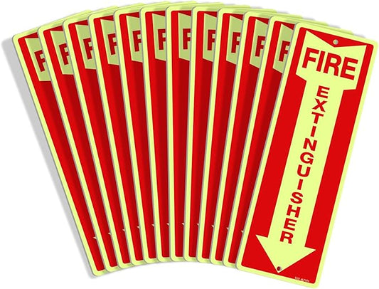 T&R Fire Extinguisher Metal Sign - 12 Pack - 12"x4" .040 Rust Free Heavy Aluminum Glow-In-The-Dark, Waterproof, Weatherproof and Fade Resistant, 2 pre-drilled holes, Easy to Install Indoors and Outdoors