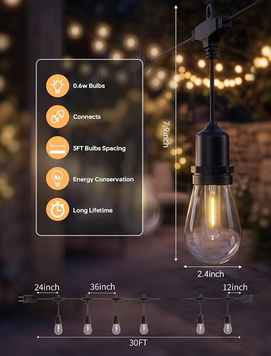30FT Outdoor String Lights for Patio with 10+1 Shatterproof LED Bulbs | Plug-in Hanging Lights IP65 Waterproof Connectable for Balcony, Camping, Porch, Pool and Backyard; Warm White