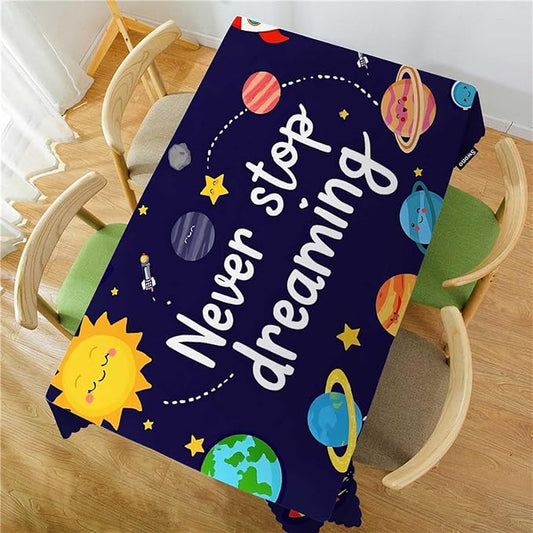 Swono Rectangle Tablecloth Outer Space Table Cover 52x70 Inch Never Stop Dreaming Quote Cute Planet Stars Sun Table Cloth for Rectangle Tables Decorative Tablecloth for Dining Party Camping BBQ