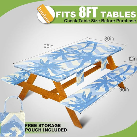 Fitted Picnic Table Cover with Bench Covers, Windproof Vinyl Table Cloths Outside Camping Cooking Backyard Furniture Seat Cushion Tablecloth Activities Party Decor Decorations Para Acampar Equipment