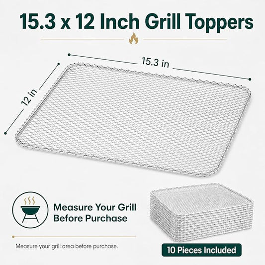 10 Pack Disposable Grill Toppers, Aluminum BBQ Mesh Mats for Outdoor Cooking, 15.3 x 12 Inch Grilling Liners to Help Reduce Food Drops Through Grates, for Vegetables, Fish, Meat and Camping