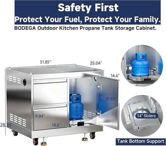 BODEGA Stainless Steel Outdoor Kitchen Drawer Cabinet for Built-in BBQ Grill with 2 Drawers and Propane Tank Storage,Outdoor kitchen storage perfect for Outdoor Kitchen BBQ Island.For all weather use.