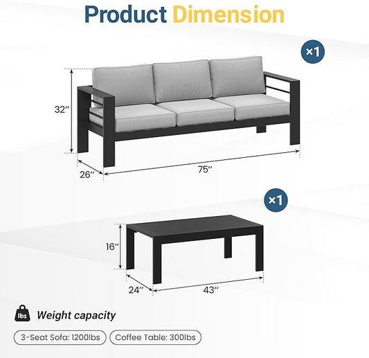 Wisteria Lane Metal Patio Furniture Set for All Weather, Oversized Heavy Duty Outdoor Furniture Set with Upgraded Cushion, Modern Outdoor Patio Couch Set for Garden, Balcony, Backyard, Light Grey
