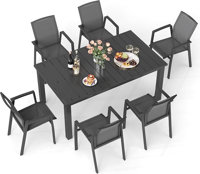 Wisteria Lane 7 Piece Aluminum Outdoor Patio Dining Sets with Fully Assembled Dining Chair,91.3" L×39.4" W Expandable Patio Table and Chairs Set for 6, Stackable Chairs with Quick Drying Fabric, Grey