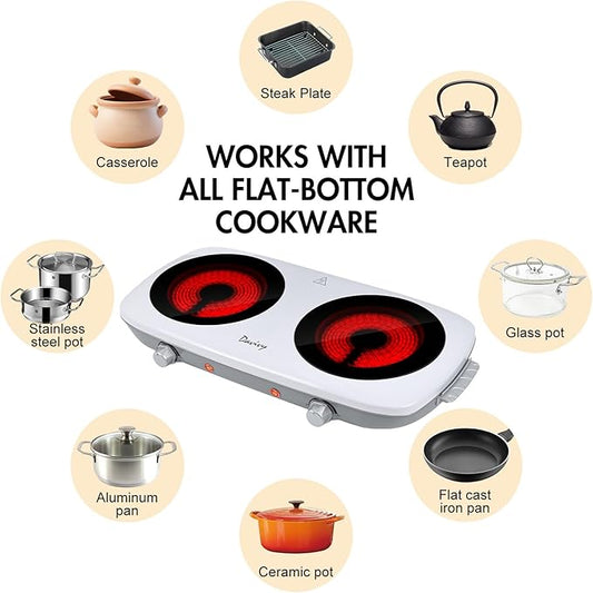Davivy Double Burner Electric Hot Plate, 1800W (2x900W) Portable Electric Stove, 2-Burner Cooktop with Crystallite Ceramic Glass, Dual Heating Zones, Flexible Temp Control, for Kitchen, RV, Dorm