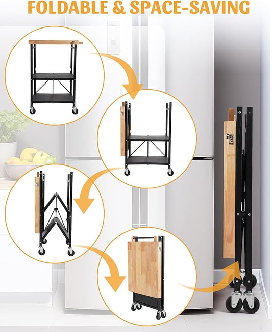 Mythinglogic Foldable Kitchen Storage Cart, 3-Tier Rolling Cart with Solid Oak Top, Heavy-Duty Metal Utility Rack for Microwave, Pots, Dish Set, Meal Prep Area, Kitchen Island on Lockable Wheels