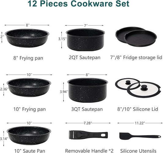 12-Piece Nonstick Cookware Set, Detachable Handle Kitchen Pots and Pans, Induction Compatible, Dishwasher & Oven Safe, Space-Saving, Black