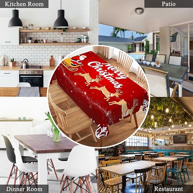 Swono Santa Claus 52"X70" Oblong Table Cloth Christmas Santa On Sleigh Snowflakes Wrinkle Free Table Cover Farmhouse Tablecloth for Home Restaurant Picnic Indoor Outdoor Dining, Red