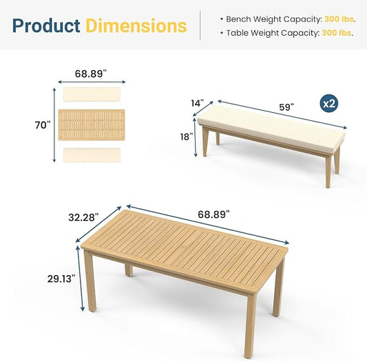 FansaFurn 3-Piece Acacia Patio Table and Chairs Set for All-Weather | Outside Furniture with Table Umbrella Hole and Removable Cushion, Backyard Furniture with Outdoor Bench for Lawn Garden