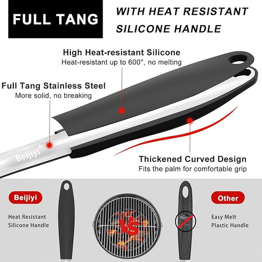 Beijiyi 2-Piece Heavy Duty BBQ Grill Tools Set, Professional Stainless Steel Grilling Spatula & Fork with Full Tang Silicone Handle, Outdoor Grill Accessories for Barbecue Cooking