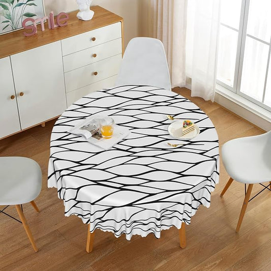 Black and White Geometric Waterproof Round Tablecloth 70x70 Inch Abstract Irregular Stripes Circle Tablecloths Dining Table Cloth Buffet Parties Patio Camping Chic Decoration for Home Kitchen