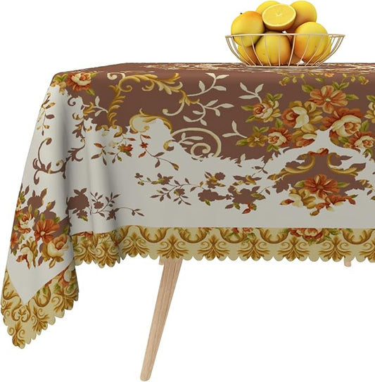 French Floral Square Tablecloth Brown Flowers Tablecloths Vintage Luxury Classic Design Waterproof Square Polyester Resistant Table Cover for Picnic Dinner Decor 60x60 Inch