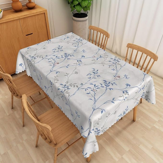 Blue Gray Floral Rectangle Tablecloths 70x140 Inch Plants Birds Decoration Table Cloth for Seasonal Decors Watercolor Oil Proof Spill Proof Wipeable Table Cloths for Indoor Outdoor Use