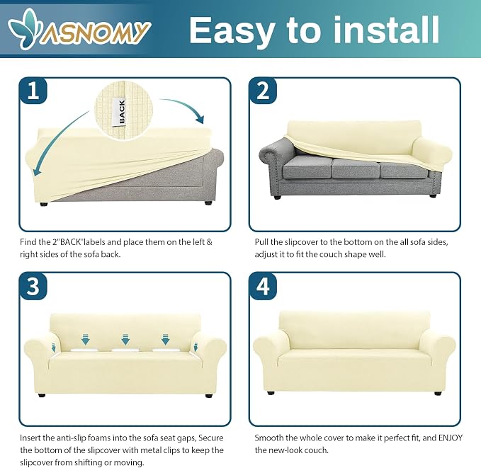 Asnomy Stretch Oversized Couch Covers for Sofa Slipcover,Off-White | 1-Piece Sofa Covers Washable(94"-110") 4-Seater Furniture Protector with Non Skid Foam and Elastic Bottom for Kids, Pets