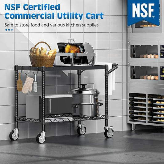Utility Tool Cart with Wheel, 45In Large Rolling Utility Carts with Handle | 2 Tier Heavy Duty Commercial Grade Metal Serving Storage Carts for Warehouse Garage Kitchen, 25" D x 45" W x 40" H-Black
