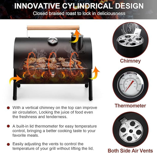 Joyfair Portable Charcoal Grill with Thermometer & Pre-seasoned Cast Iron Dutch Oven Set, Small Tabletop Barbecue Grill for Outdoor Camping, Camp Dutch Pot & Griddle Skillet, 5QT Pot & 2QT Lid