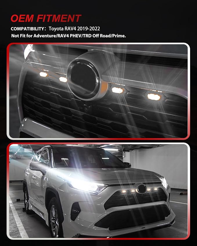 4Pcs White LED Grill Lights Kit for Toyota RAV4 2019 & up | Not Fit for Adventure/RAV4 PHEV/TRD Off Road/Prime,Black Shell, w/ Wiring Harness,Grill Led Raptor Lights