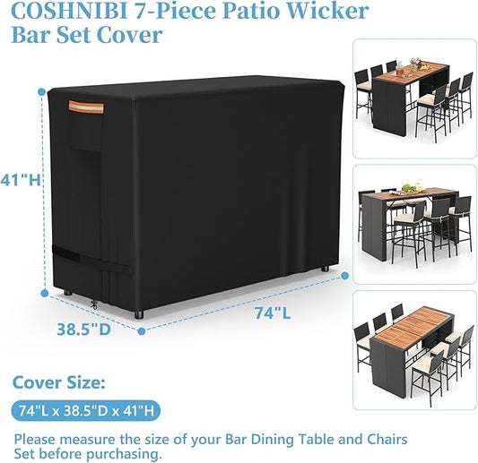 COSHNIBI Bar Height Patio Set Cover for 7 Pieces Patio Bar Dining Table and Chairs Set,Heavy Duty Waterproof Patio Bar Set Cover for 6 Person Outdoor Bar Height Set,74"L x 38.5"W x 41"H,Black