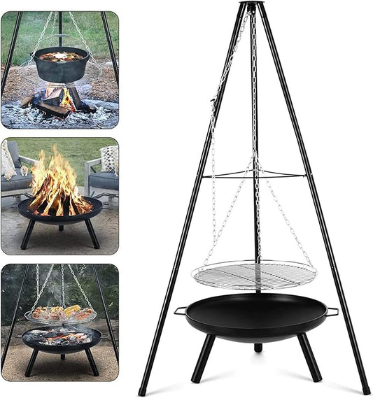 Portable Charcoal Grill for Camping BBQ Grills Outdoor Barbecue Grill with Adjustable Height Tripod Fire Pit and Stainless Steel Net for Campfire Cooking Patio Heater and Pot Rack,A-1