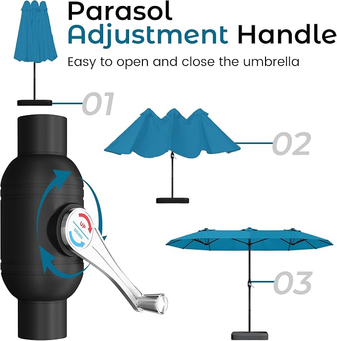 DomeShade 15FT Extra Large Patio Umbrella with Base, Double-Sided Outdoor Rectangular Market Umbrella with Stand,Heavy Duty Outside Sun Umbrella for Backyard,Poolside,Patio Furniture,Teal Blue