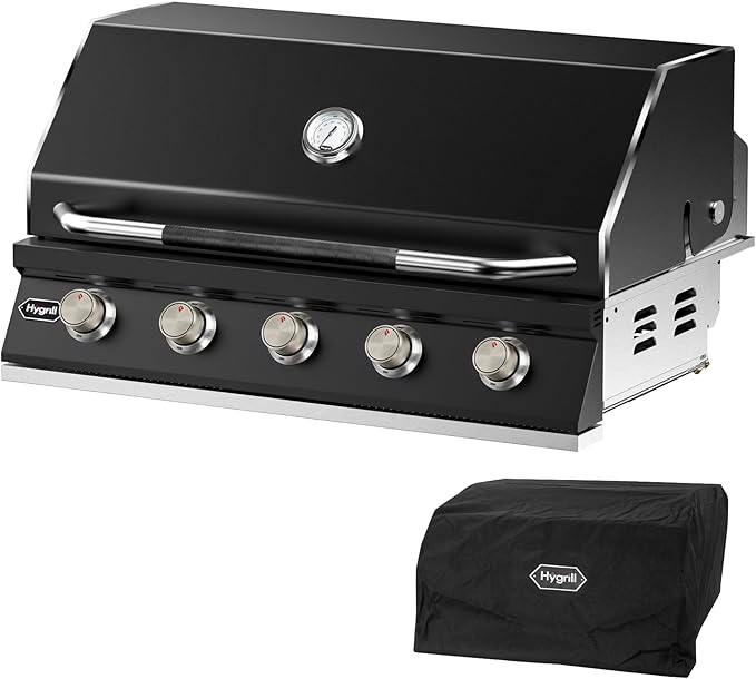 Hygrill STD Series 40-Inch Built In Grill for Liquid Propane, Stainless Steel Outdoor Kitchen 5-Burner Grill Head, Black