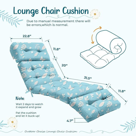 2 Pcs Outdoor Chaise Lounge Chair Cushion 75.1 x 22.8 x 4.7 Inches 100% Waterproof Replacement Cotton Patio Pool Lounge Chair Cushion for Outdoor Furniture with Ties, Blue Daisy
