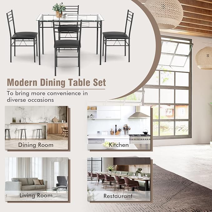 Tangkula Dining Table Set, 5 Pieces Dining Set with Tempered Glass Top Table and 4 Chairs, Kitchen Dining Room Furniture, Black