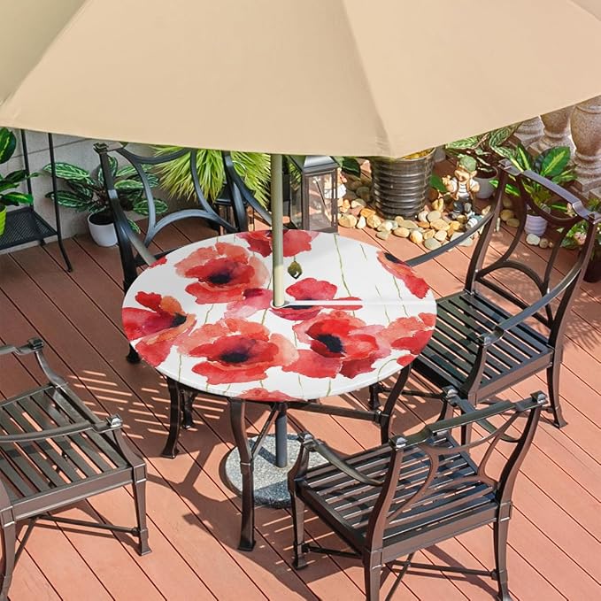 Fitted Round Tablecloth with Umbrella Hole and Zipper Red Flowers Outdoor Elastic Table Cloth 45"-56" Oil-Proof Waterproof Floral Patio Table Cover for Picnic Party