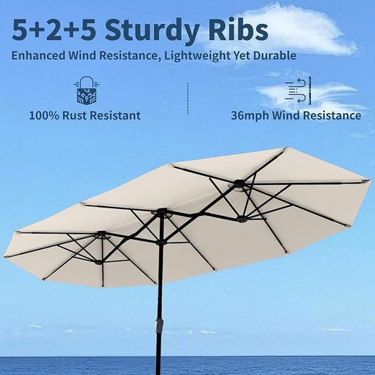 15FT Double Sided Patio Umbrella with Base Included Large Outdoor Market Umbrella with Crank Handle, UV Resistant Canopy, Sturdy Frame for Garden, Poolside, Deck, Creamy White