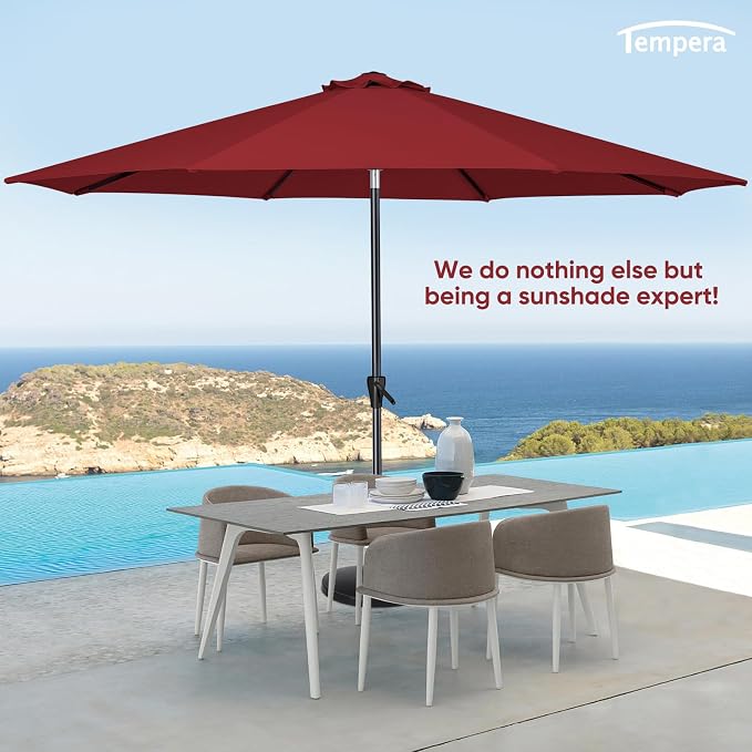 Tempera Patio Market Outdoor Table Umbrella with Auto Tilt and Crank, Large Sun Umbrella with Sturdy Pole & Fade Resistant Canopy, Easy to Set