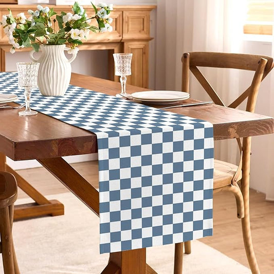 Dusty Blue Checkered Table Runner Gingham Birthday Party Decoration Wedding BBQ Dining Room Home Kitchen Table Decor (Dusty Blue, 13" x 72")