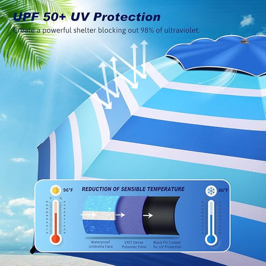 Fisqueen 8FT Large Beach Umbrella with Wind Resistance Sand Anchor Sand Bag, Portable Outdoor Umbrella with UPF50+ UV Protection, Tilt Sun Shelter for Beach, Patio, Yard