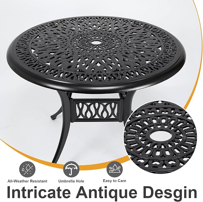 35" Outdoor Dining Table, Cast Aluminum Patio Bistro Table with 2.44" Umbrella Hole, Patio Furniture for Backyard Garden, Black