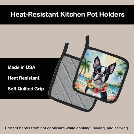 Caroline's Treasures Boston Terrier Luau Pair of Pot Holders Kitchen Heat Resistant Pot Holders Sets Oven Hot Pads for Cooking Baking BBQ, 7 1/2 x 7 1/2
