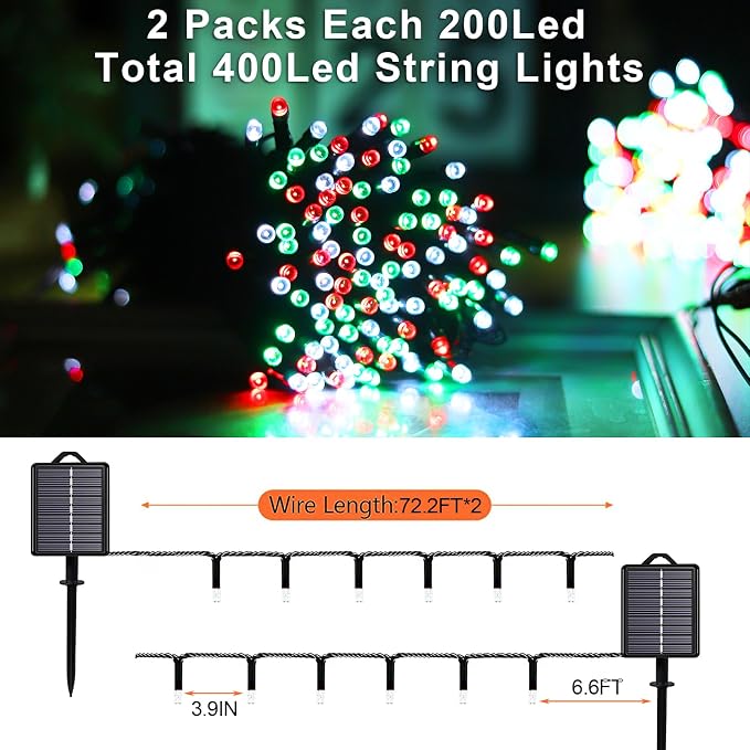Solar Christmas String Lights, Red White Green 200Led, Outdoor | 2 Pack Total 400Led 144Ft 8 Mode, IP44 Waterproof Outside Fairy Lights for Tree, Garden, Patio, Lawn, Party, Yard Decorations