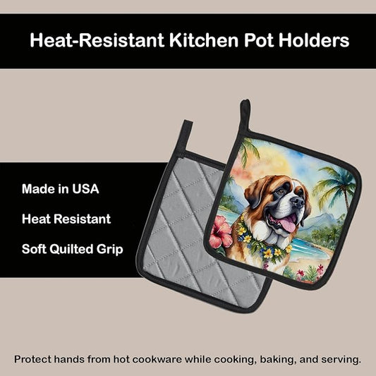 Caroline's Treasures Saint Bernard Luau Pair of Pot Holders Kitchen Heat Resistant Pot Holders Sets Oven Hot Pads for Cooking Baking BBQ, 7 1/2 x 7 1/2