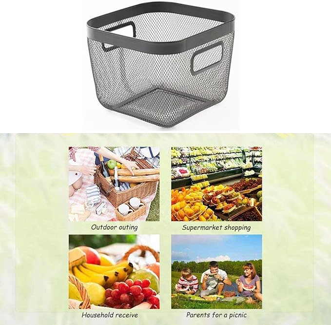 AJIODA Metal Mesh Steel Baskets, Household Wire Storage Organizer Bin Garden Harvest Basket Multi-functional Fruit Baskets with Handles for Kitchen Bathroom Picnic Shopping Decor Cabinet Home, Black