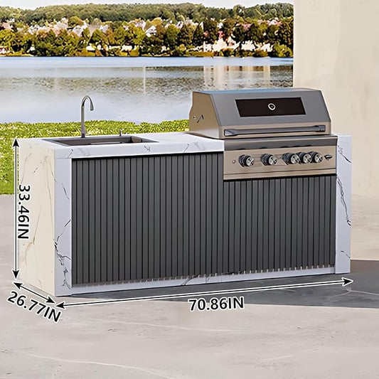 Outdoor Kitchen Cabinet with BBQ- Large Kitchen Cabinet with Slate Countertop Includes Barbecue Grill,Table Includes Stainless Steel Sink & Storage Space(70.86IN)