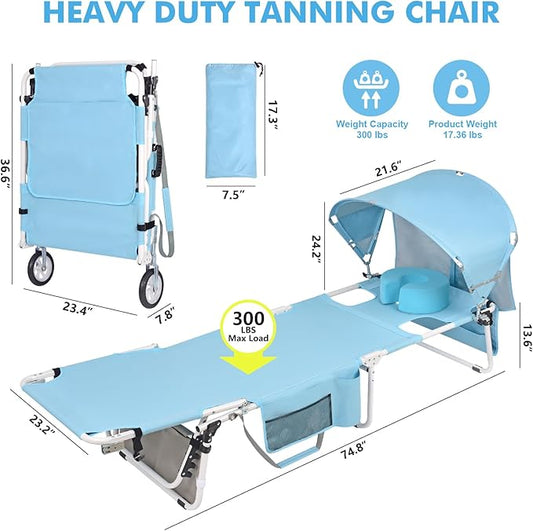 Wheel-To-Go Tanning Chair with Wheels Sun Canopy Umbrella Face Hole Thicker Washable Adjustable, Heavy Duty Folding Lay Flat Sun Lounge Chair Beach Outside Sunbathing Reading, UPF 50+ (Patent Design)