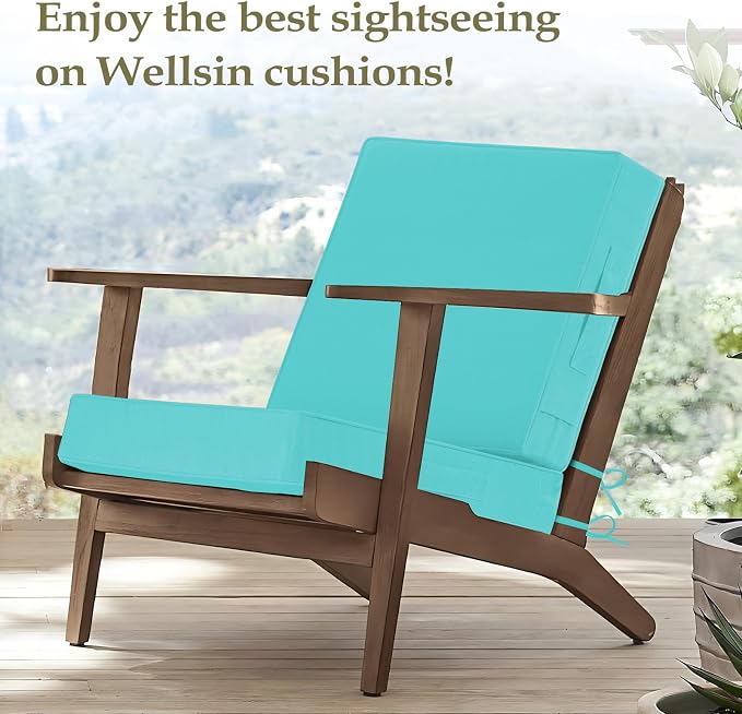 Wellsin Outdoor Deep Seat Patio Cushions, 24 x 24 Waterproof & 3-Year Fade Resistant Outdoor Cushions with Removable Covers,Ties and Handle for Chair, Sofa, Couch, Teal