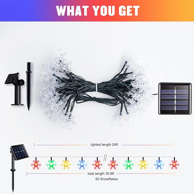 JMEXSUSS 2 Pack Solar String Lights Outdoor, 50 LED 30.6ft, Snowflake | Outdoor Waterproof, Multicolor, 8 Modes Solar Christmas Lights for Garden Patio Yard Tree Party Christmas Decorations
