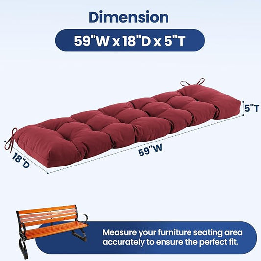 IASEAHK Outdoor Bench Cushion 59x18x5 Inch, Waterproof & Fade-Resistant Patio Furniture Cushions, Tufted Memory Foam Indoor/Outdoor Cushions for Couch Swing with Non-Slip Backing & Straps, Burgundy
