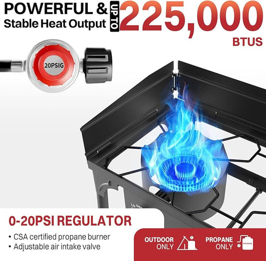 3 Burner Propane Camp Stove | 225,000 BTU | High Pressure Gas Burners | CSA Certified | Windscreen | Waterproof Cover | Detachable Legs | Ideal for Camping Tailgating Backyard Outdoor Cooking