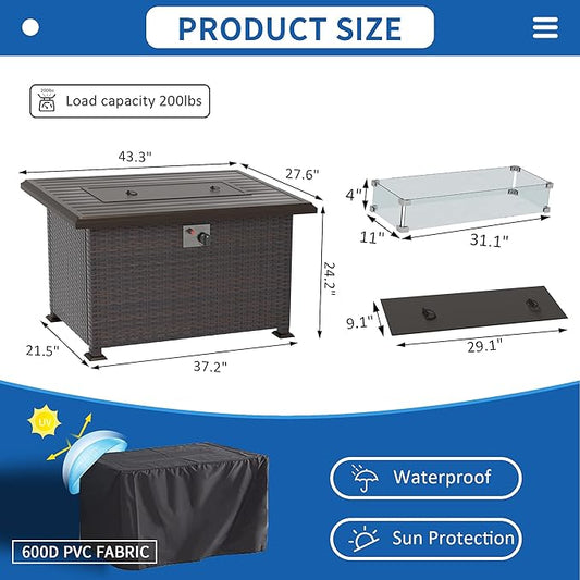 Kullavik 43" Propane Gas Fire Pit Table 55,000 BTU Auto-Ignition Wicker ETL Certified Outdoor Fire Pits with Glass Wind Guard,Fire Glass,Slide Out Tank Holder,Lid,Waterproof Table Cover
