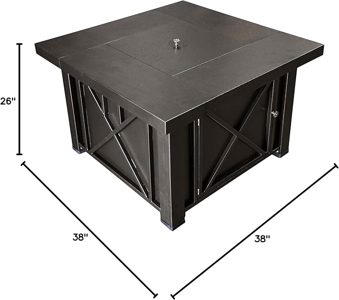 Hiland 38'' Square Propane Fire Pit Table w/Lid, Fireglass Included, Regulator and Hose, 40,000 BTU, Decorative Crossbars, Bronze
